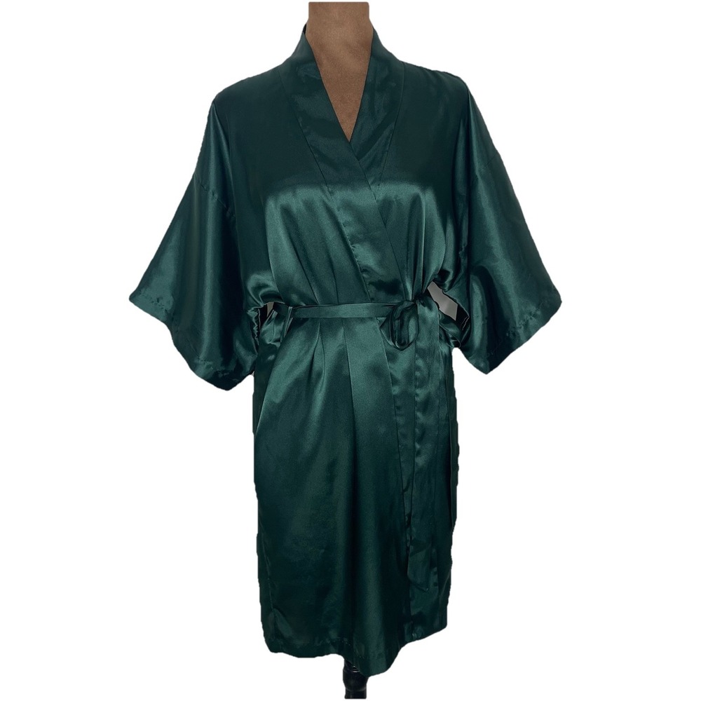 Vintage Kimono Robe CA Dynasty Womens Dark Green Satin Robe Size Small Sexy